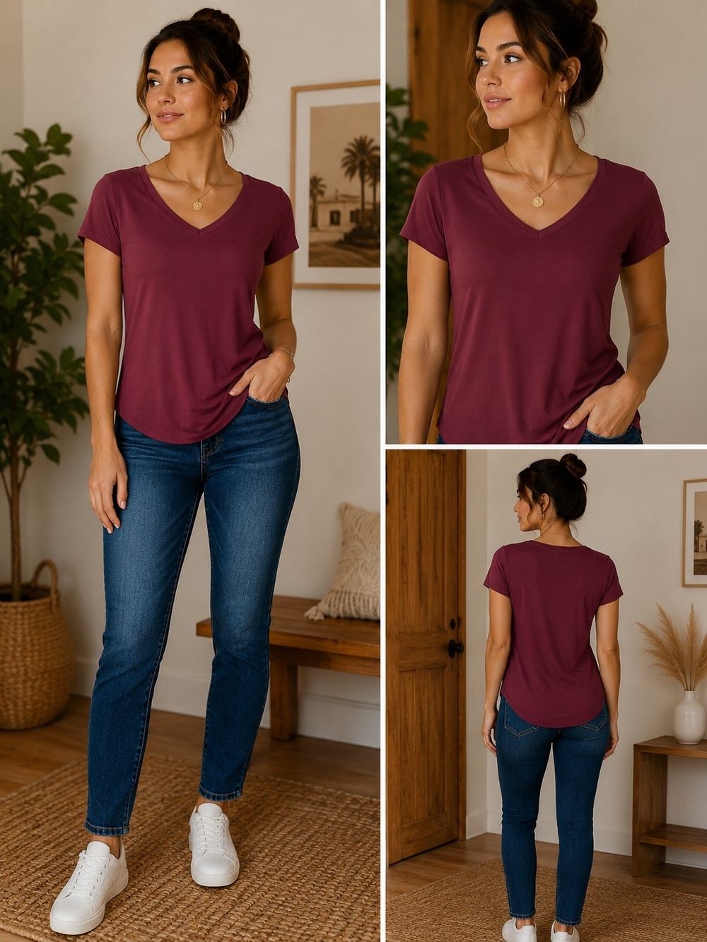 No Boundaries V-Neck Short Sleeve Tee - Burgundy